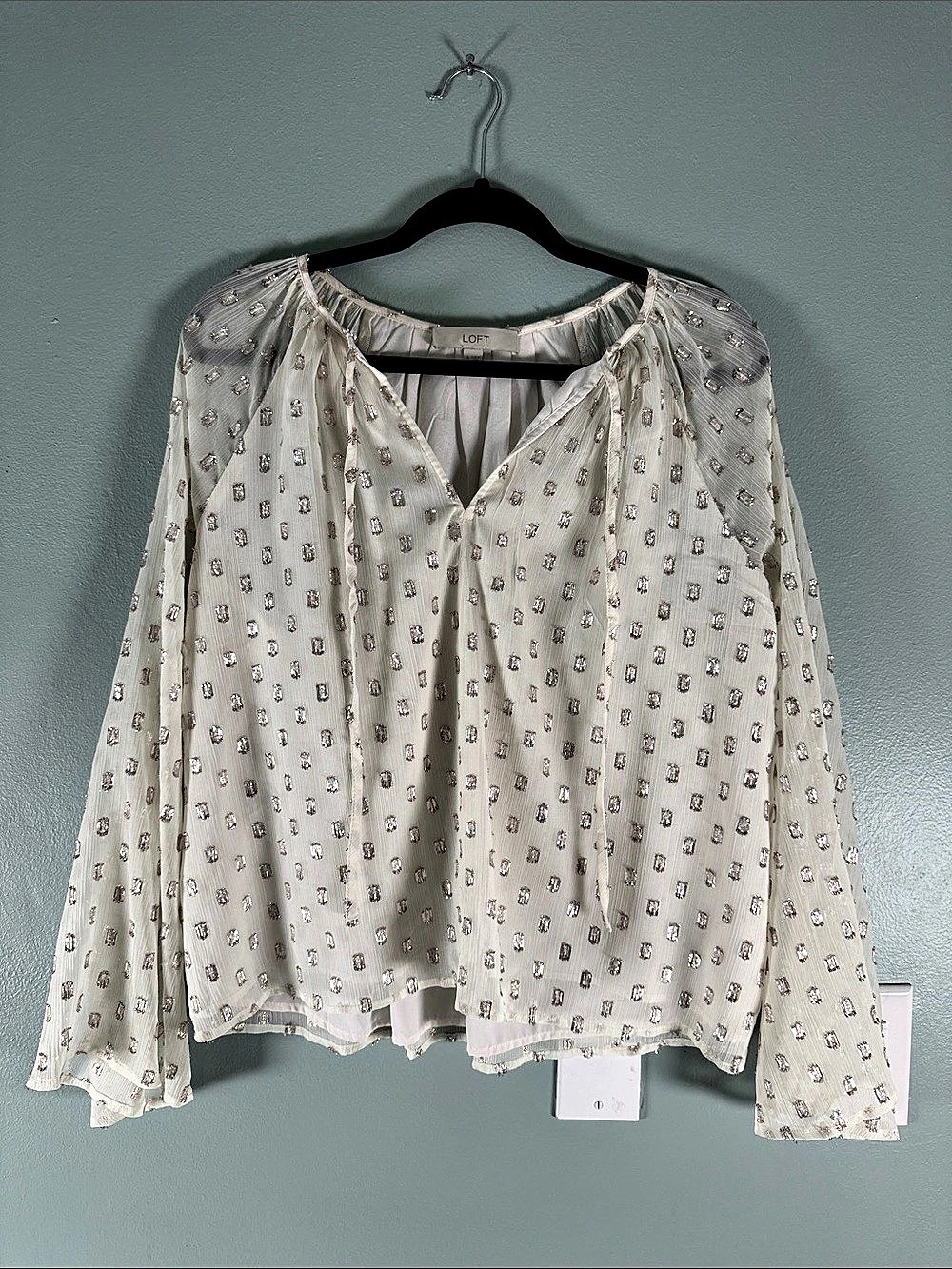 LOFT Metallic Shimmer Clip Dot Flare Sleeve Tie Neck Blouse Cream Small